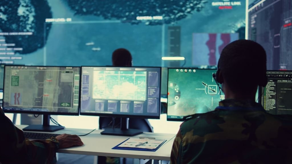 Security command center with live monitoring screens